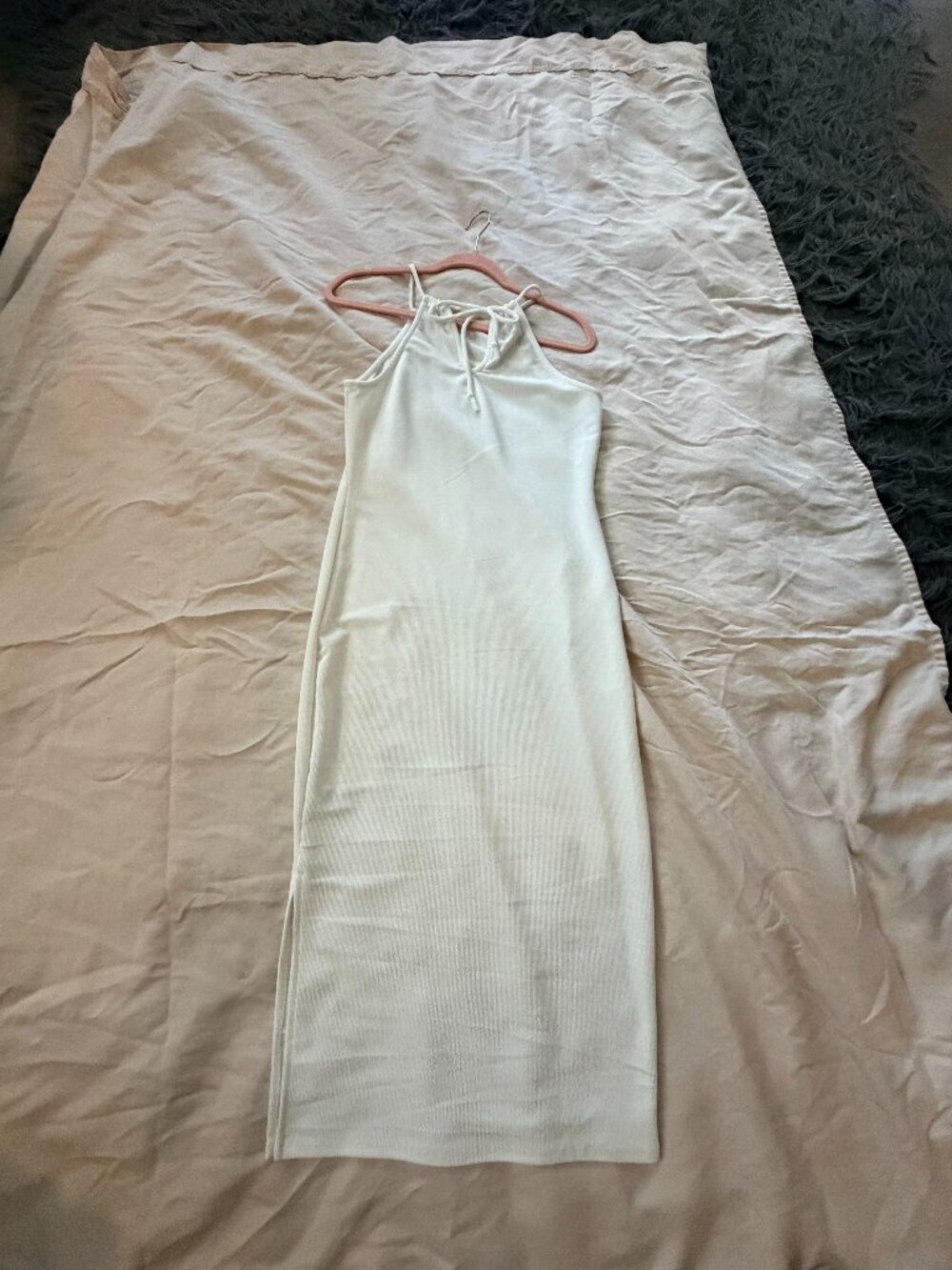 Fashion Nova White Ribbed Halter Bodycon Midi Dress Tie Neck